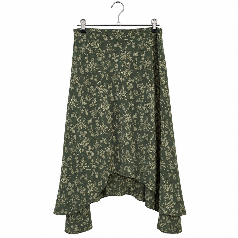 Thorn & Fable Olive Green Skeleton Fairy Floral Handkerchief Hem Midi Skirt XL
